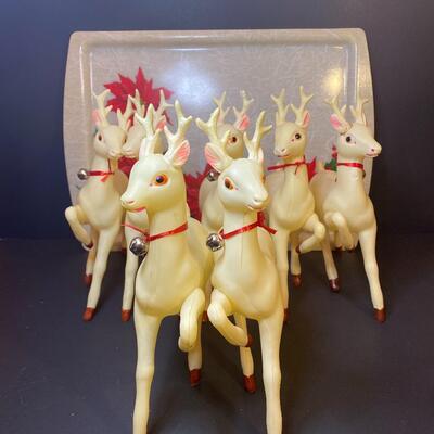Lot 483: Vintage Poinsettia Serving Tray & Plastic White Reindeer