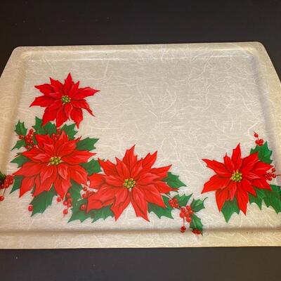 Lot 483: Vintage Poinsettia Serving Tray & Plastic White Reindeer