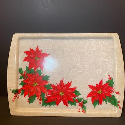 Lot 483: Vintage Poinsettia Serving Tray & Plastic White Reindeer