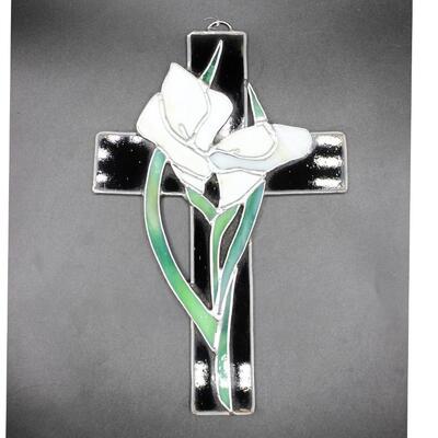 Wall Mounted Dark Brown Stained Glass Cross with Lilies