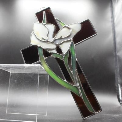 Wall Mounted Dark Brown Stained Glass Cross with Lilies