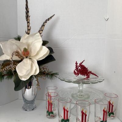 T191 Mercury Glass Floral arrangement with Glass Cake plates, and Glasses