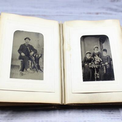 Antique French Photo Album Filled with Hand Painted Daguerreotype Photo Portraits