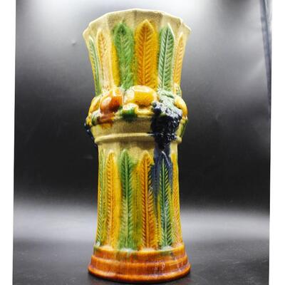 Vintage Majolica Textured Feathers Adorned with Fruits Art Vase