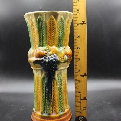 Vintage Majolica Textured Feathers Adorned with Fruits Art Vase