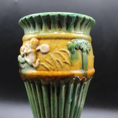 Vintage Majolica Style Cherub Art Deco Ribbed Vase