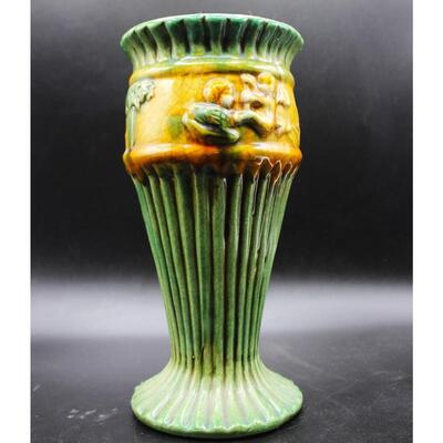 Vintage Majolica Style Cherub Art Deco Ribbed Vase