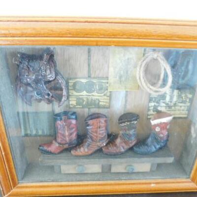 Western Boots Cowboy Saddle Themed Shadow Box Small Wall Decor or Shelf Sitter 10