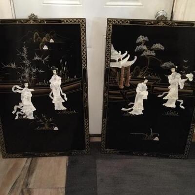 Pair of Large Asian Black Lacquer Wall Hangings with MOP Art 24â€ x 36â€ each