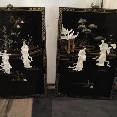 Pair of Large Asian Black Lacquer Wall Hangings with MOP Art 24â€ x 36â€ each