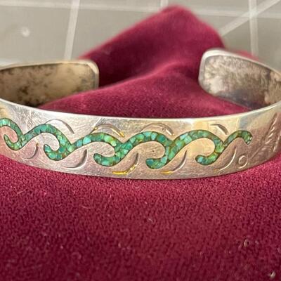.925 With Turquoise Inlay Bracelet Wave Pattern 
