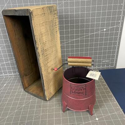 Home Decor' Wood Box and Hand Crank Washing Machine 
