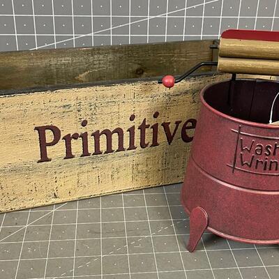 Home Decor' Wood Box and Hand Crank Washing Machine 