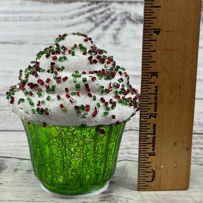 Set of Three Green, Red, and Silver Christmas Cup Cake Light Up Decorations
