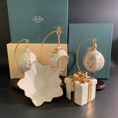 Lot 158: Vintage Lenox Ornaments, Candy Dish and Gold Trimmed Trinket Box