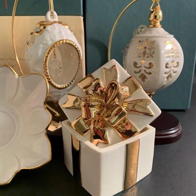 Lot 158: Vintage Lenox Ornaments, Candy Dish and Gold Trimmed Trinket Box