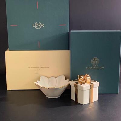 Lot 158: Vintage Lenox Ornaments, Candy Dish and Gold Trimmed Trinket Box