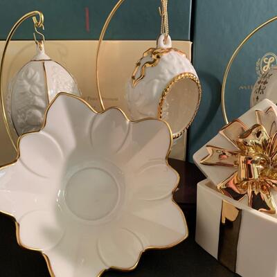 Lot 158: Vintage Lenox Ornaments, Candy Dish and Gold Trimmed Trinket Box