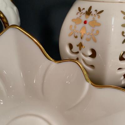 Lot 158: Vintage Lenox Ornaments, Candy Dish and Gold Trimmed Trinket Box