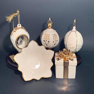 Lot 158: Vintage Lenox Ornaments, Candy Dish and Gold Trimmed Trinket Box