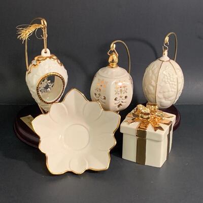 Lot 158: Vintage Lenox Ornaments, Candy Dish and Gold Trimmed Trinket Box