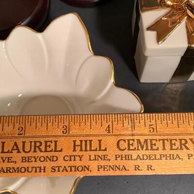 Lot 158: Vintage Lenox Ornaments, Candy Dish and Gold Trimmed Trinket Box
