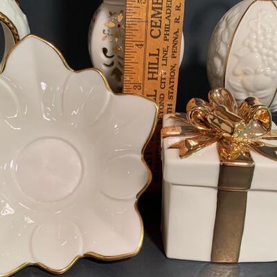 Lot 158: Vintage Lenox Ornaments, Candy Dish and Gold Trimmed Trinket Box