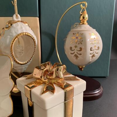 Lot 158: Vintage Lenox Ornaments, Candy Dish and Gold Trimmed Trinket Box