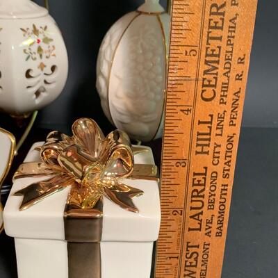 Lot 158: Vintage Lenox Ornaments, Candy Dish and Gold Trimmed Trinket Box