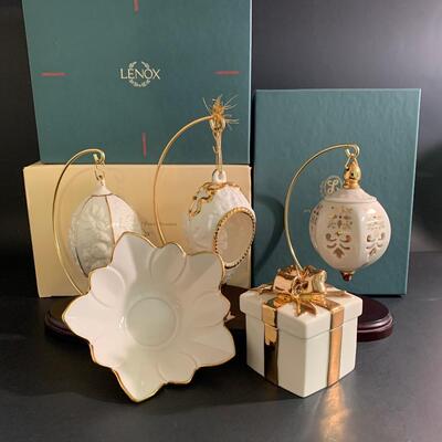 Lot 158: Vintage Lenox Ornaments, Candy Dish and Gold Trimmed Trinket Box