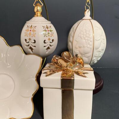 Lot 158: Vintage Lenox Ornaments, Candy Dish and Gold Trimmed Trinket Box