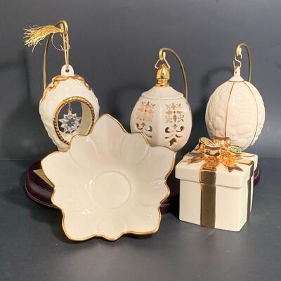 Lot 158: Vintage Lenox Ornaments, Candy Dish and Gold Trimmed Trinket Box