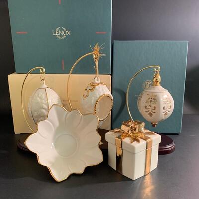 Lot 158: Vintage Lenox Ornaments, Candy Dish and Gold Trimmed Trinket Box