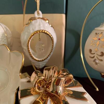 Lot 158: Vintage Lenox Ornaments, Candy Dish and Gold Trimmed Trinket Box