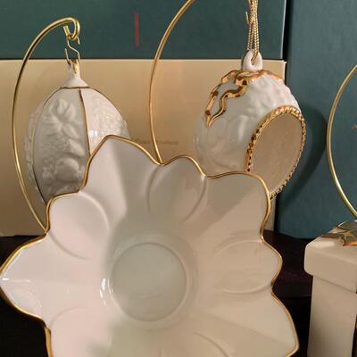 Lot 158: Vintage Lenox Ornaments, Candy Dish and Gold Trimmed Trinket Box
