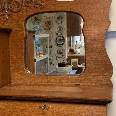 Lot 495: Vintage Mirrored Oak Secretary w/Side Book/Curio Case (Keys Included)