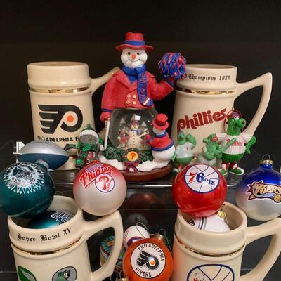 Lot 499: Sports Team Steins, Phillies Snowglobe  & Ornaments