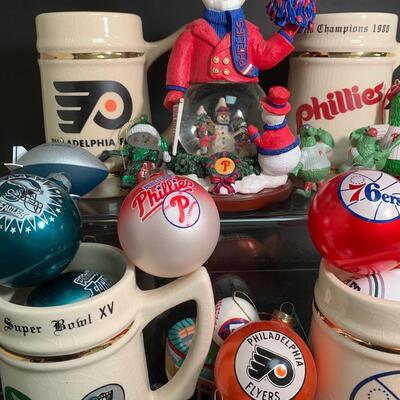 Lot 499: Sports Team Steins, Phillies Snowglobe  & Ornaments