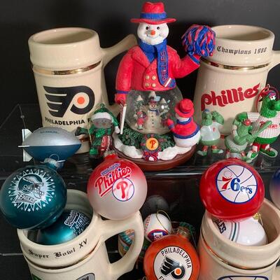 Lot 499: Sports Team Steins, Phillies Snowglobe  & Ornaments