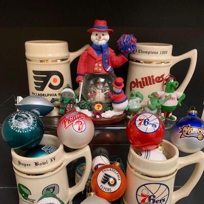 Lot 499: Sports Team Steins, Phillies Snowglobe  & Ornaments