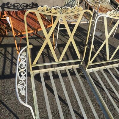 Vintage 3 pc Sectional Wrought Iron Patio Couch - Chairs White / Gold w/ Pink Cushions 33