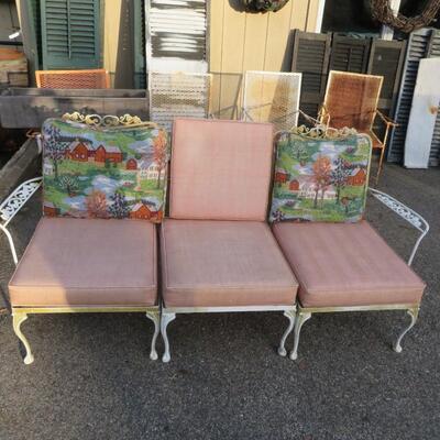 Vintage 3 pc Sectional Wrought Iron Patio Couch - Chairs White / Gold w/ Pink Cushions 33