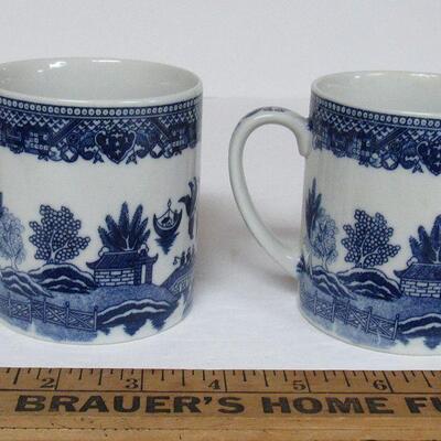 Vintage Blue Willow Lot, 2 Mugs, Taiwan, and Cup and Saucer, Churchill England