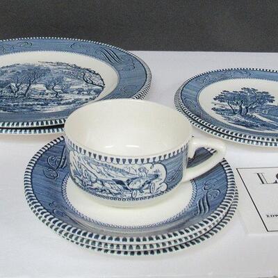 Vintage Currier and Ives, Cup and Saucer, 2 Large Plates, 2 Small Plates, 2 Extra Saucers