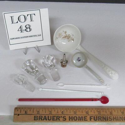 Lot of Misc Vintage Stoppers, Drink Stirrers, Glass Spoon/Straw, Tureen Ladle and Mayo Ladle
