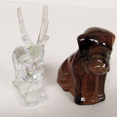 Glass Deer Figurine and Brown Slag Glass Dog Figurine