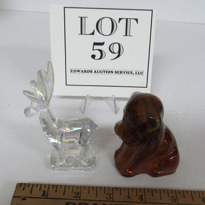 Glass Deer Figurine and Brown Slag Glass Dog Figurine
