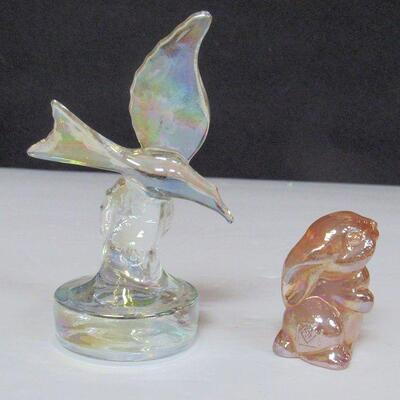 Clear Iridized Glass Seagull Figurine and Small Pink Iridized Boyd Rabbit Figurine