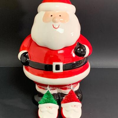 Lot 453 Dept 56 Santa Ornaments and Santa Cookies Jar