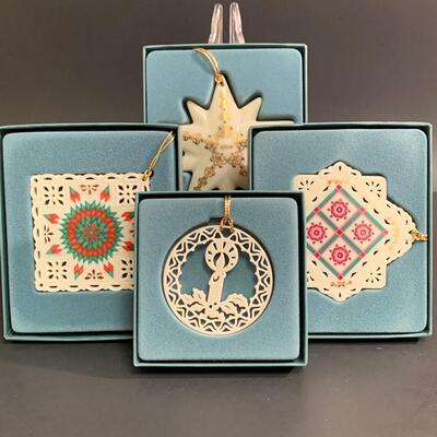 Lot 459 Vintage Lenox Ornaments: Quilt Squares, Star and Candle